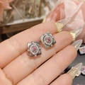 Macro detail of square silver earring with pink oval gemstone and zircon pavé setting - 0362 Retro Square Pink Oval Gem Studs