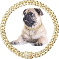 Golden iced-out Cuban link pet collar with rhinestones shown on a pug dog model - 25cm / Gold