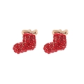 Detailed view of red rhinestone Christmas stocking stud earrings with gold trim - Full Rhinestone Boots