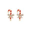 Detailed macro of candy cane earrings with red enamel stripes and crystal bows - Rhinestone Candy Cane