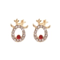 Close-up of golden reindeer earrings with red central stone and sparkling rhinestones - Red Rhinestone Reindeer
