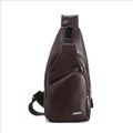 Brown textured leather sling bag with multiple zip pockets and USB port for men - Large / Dark Brown