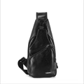 Men's casual black leather texture sling bag with multiple zippers and USB port - Large / Black