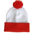 Détail d'un bonnet en tricot rayé rouge et blanc avec un pompon doux sur le dessus - Taille unique / Pompon Rouge + Blanc Crème