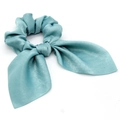 Teal silk satin hair scrunchie with rabbit ear bow tie on white background - Teal