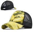 Detail of tie-dye ponytail sun hat featuring breathable mesh back and hair opening - Adjustable / Tie-Dye Yellow
