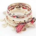 Multilayer bohemian bracelet set with floral bow, faux pearls and golden charms - Red