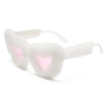 Macro shot of fluffy white heart-shaped sunglasses with pink lenses for party style - Glitter White Frame White Fur