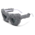 Macro shot of gray faux fur textured heart sunglasses with minimalist white temple arms - White Frame Gray Fur