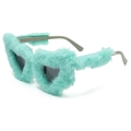 Detail of plush mint green faux fur covering the frame of heart-shaped party sunglasses - Green Frame Green Fur