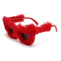 Detail view of red fluffy heart-shaped sunglasses with thick faux fur and dark lenses - Red Frame Red Fur