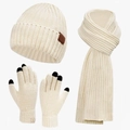 Winter 3er-Set mit cremeweißer Strickmütze, Schal und Touchscreen-Handschuhen - Weiß