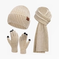 Winter 3-piece knit set including ribbed hat, scarf, and touch screen gloves in beige - Beige