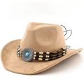 Bohemian light brown suede cowboy hat with beaded band and turquoise style buckle - M (56-58cm) / Camel