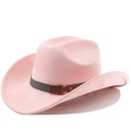 Detailed close-up of pink felt cowboy hat featuring dual-texture decorative bands and buckles - Pink