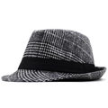 Cappello fedora da uomo in lana con motivo a quadri grigi e nastro nero decorativo - M (56-58cm) / Quadri bianco e nero