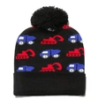 Kids black knit beanie with colorful excavator jacquard pattern and a large pompom - Black