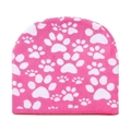 Detailed close-up of pink knit beanie featuring white animal paw print patterns - M / Pink