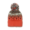 Detail of multi-color geometric mohair knit hat featuring a large soft pompom and rich texture - M (56-58cm) / Orange Red Multi-color Jacquard