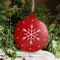 Hand-painted red Christmas tree metal ornament with white snowflakes and jute rope - Red Snowflake Style