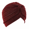 Close-up of wine red turban cap with metallic shiny thread and pleated texture details - One Size / Burgundy