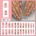 Pink long square press-on nails with retro floral graffiti and colorful swirl patterns - Pink Base Retro Floral Swirl Heart Style (SGCY-147)