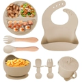 8-piece silicone baby feeding set in beige with suction bowl, plate, and bib - Off-white-8Pcs Set