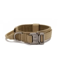 Detail of tactical nylon dog collar with heavy-duty metal buckle and control handle - Khaki