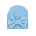 Soft light blue ribbed knit newborn baby hat with a large matching decorative bow - 0-6 Months / Blue