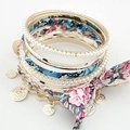 Bohemian multi-layer gold bracelet set with white pearls and floral fabric bow - Blue