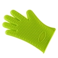 Single green silicone oven glove with textured grip and hanging hole on white background - Green