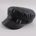 Close-up of black faux leather newsboy cap featuring a decorative belt and silver buckle - One Size 58cm / Metal Buckle Flat Top Style