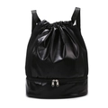 Black drawstring gym bag with shiny water-resistant fabric and bottom shoe compartment - One Size / Versatile Black