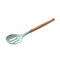 Mint green silicone slotted spoon with natural wooden handle for non-stick cookware - Slotted Spoon
