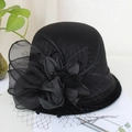 Détail d'un chapeau en laine noir avec voile élégant, plumes et fleur en tissu - Noir