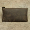 Detailed view of the brown crazy horse leather wallet with premium metal zipper closure - Crazy Horse Brown