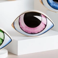 Decoración de ojo turco de cerámica rosa y azul con borde dorado en base blanca - Rosa