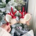 Cute Christmas reindeer antler hair clips with white ears and soft beige pompom details - Red Berry Faux Mink Fur Antler Clips-Red