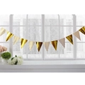 Detail of gold triangle pennant banner hanging by a window for birthday party decoration - 12Pcs Gold Wavy Triangle Bunting