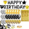 Set compleanno oro rosa con palloncini Happy Birthday e tende con frange - Set Nero Oro