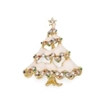 Golden Christmas tree brooch with white enamel and colorful rhinestones on white backdrop - White Rhinestone Christmas Tree