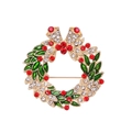 Christmas wreath brooch with green enamel leaves and red rhinestones on gold base - Christmas Wreath 2