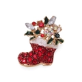 Christmas stocking brooch in golden finish with red rhinestones and green leaf accents - Rhinestone Christmas Sock