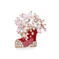 Christmas red enamel boot brooch with white flowers and sparkling rhinestones - Enamel Christmas Boot