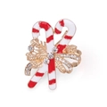 Christmas enamel brooch featuring red and white striped candy canes with a gold bow - Double Candy Canes