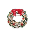 Christmas wreath alloy brooch with red bow and green holly leaves in golden finish - Christmas Wreath 4