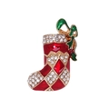Christmas stocking brooch in red and green enamel with golden finish and crystals - Argyle Christmas Sock