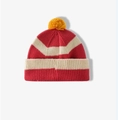 Close-up of red and beige striped knit texture with a fluffy yellow pom-pom top - One Size / Red Beige