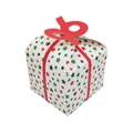 Close-up of a square paper gift box with red and green star patterns and a top knot - Five-pointed Star Pattern
