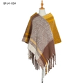 Women's plaid poncho with brown, yellow, beige knit pattern and fringe detail - Brown (QPJ4-05#)